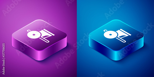 Isometric Ancient Greece chariot icon isolated on blue and purple background. Square button. Vector.