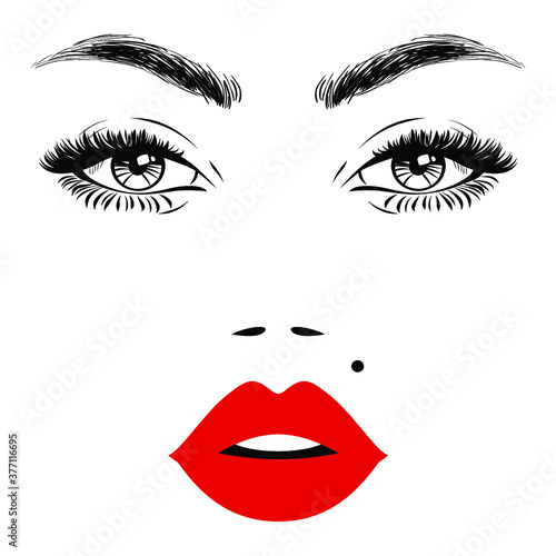 Woman beautiful face, sexy luxurious eyes with perfectly shaped eyebrows and full lashes, black eyeliner. Red lips, flat style, vector illustration. Beauty logo. Element design, isolated on white.