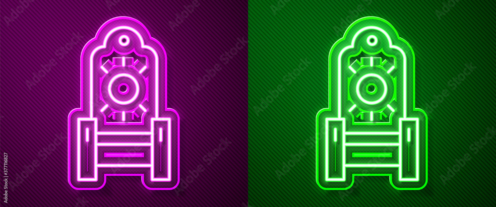 Glowing neon line Medieval throne icon isolated on purple and green background. Vector. Glowing neon line Medieval throne icon isolated on purple and green background. Vector.