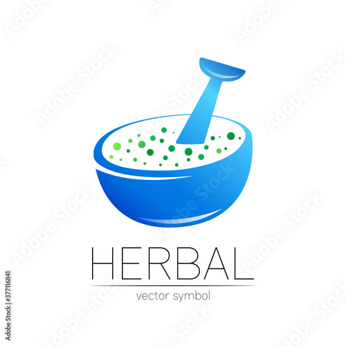 Vector mortar and pestle blue symbol logo. Herbal icon concept for medicine, vegetarian, therapy, pharmacology and business. Organic sign illustration. Modern ecology logotype or label.