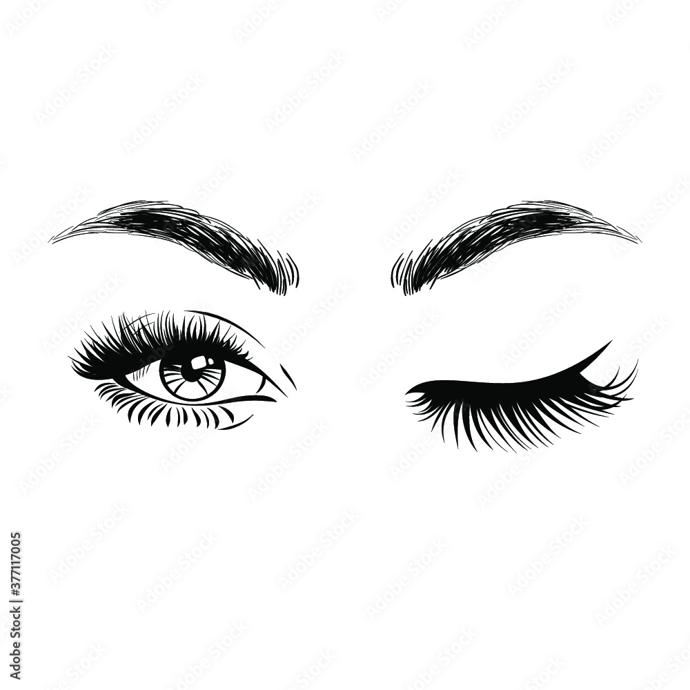 Open and closed eyes. Beautiful woman face, eyebrows and lush eyelashes, lashes extensions. Element design. Beauty Logo. Vector illustration. Open and closed eyes. Beautiful woman face, eyebrows and lush eyelashes, lashes extensions. Element design. Beauty Logo. Vector illustration.