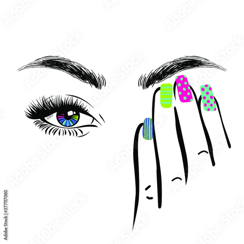 Woman hand with red manicure nails closing one eye, eyelashes mascara, perfect shape brows, logo beauty salon, hand drawn style, vector illustration.