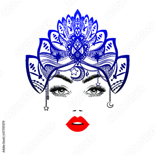 Beautiful woman logo, hairstyle, red lipstick, eyelash extensions, tribal style crown. Asian motive,ethnic style, spa salon, sign, symbol, nails studio. Print wallpaper background. Vector illustration