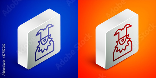 Isometric line Joker head icon isolated on blue and orange background. Jester sign. Silver square button. Vector.