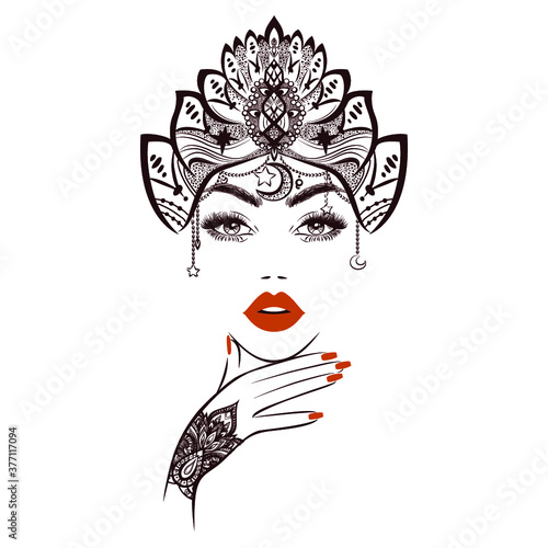 Beautiful woman logo, hairstyle, red lipstick, eyelash extensions, tribal style crown. Asian motive,ethnic style, spa salon, sign, symbol, nails studio. Print wallpaper background. Vector illustration