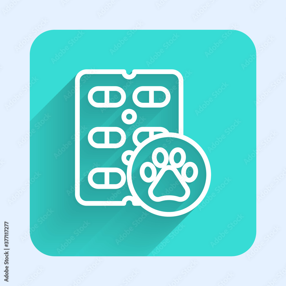 White line Dog pill icon isolated with long shadow. Prescription medicine for animal. Green square button. Vector. White line Dog pill icon isolated with long shadow. Prescription medicine for animal. Green square button. Vector.