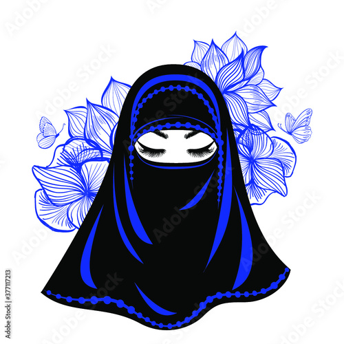 Beautiful Muslim Woman in niqab, eyelash extensions, hands with manicure nails, traditional dress. Vector illustration.