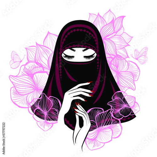 Beautiful Muslim Woman with lush eyelashes in hiqab  beautiful hands  flowers background. Vector illustration.