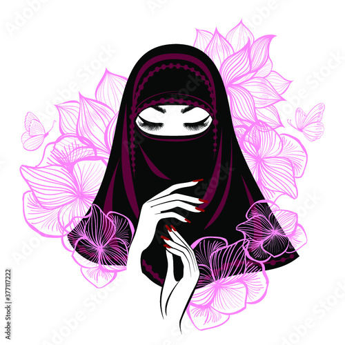 Beautiful Muslim Woman with lush eyelashes in hiqab, beautiful hands, flowers background. Vector illustration.