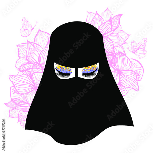 Beautiful Muslim Woman in niqab, eyelash extensions, hands with manicure nails, traditional dress. Vector illustration.