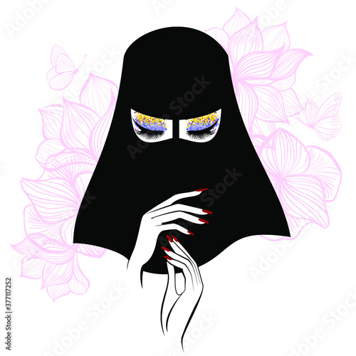 Beautiful Muslim Woman with lush eyelashes in hiqab, beautiful hands, flowers background. Vector illustration.