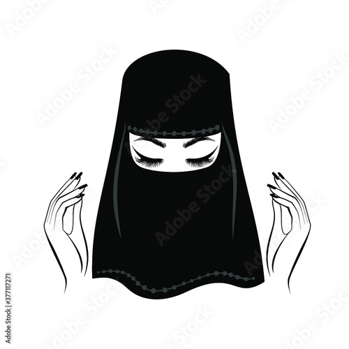 Beautiful Muslim Woman with lush eyelashes in niqab, beautiful hands, flowers background. Vector illustration.