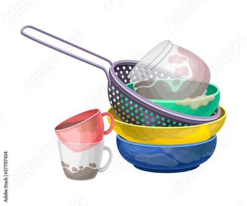 Pile of Dirty Dishes and Utensils with Plates and Cups Vector Illustration