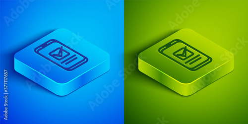 Isometric line Smartphone, mobile phone icon isolated on blue and green background. Square button. Vector.