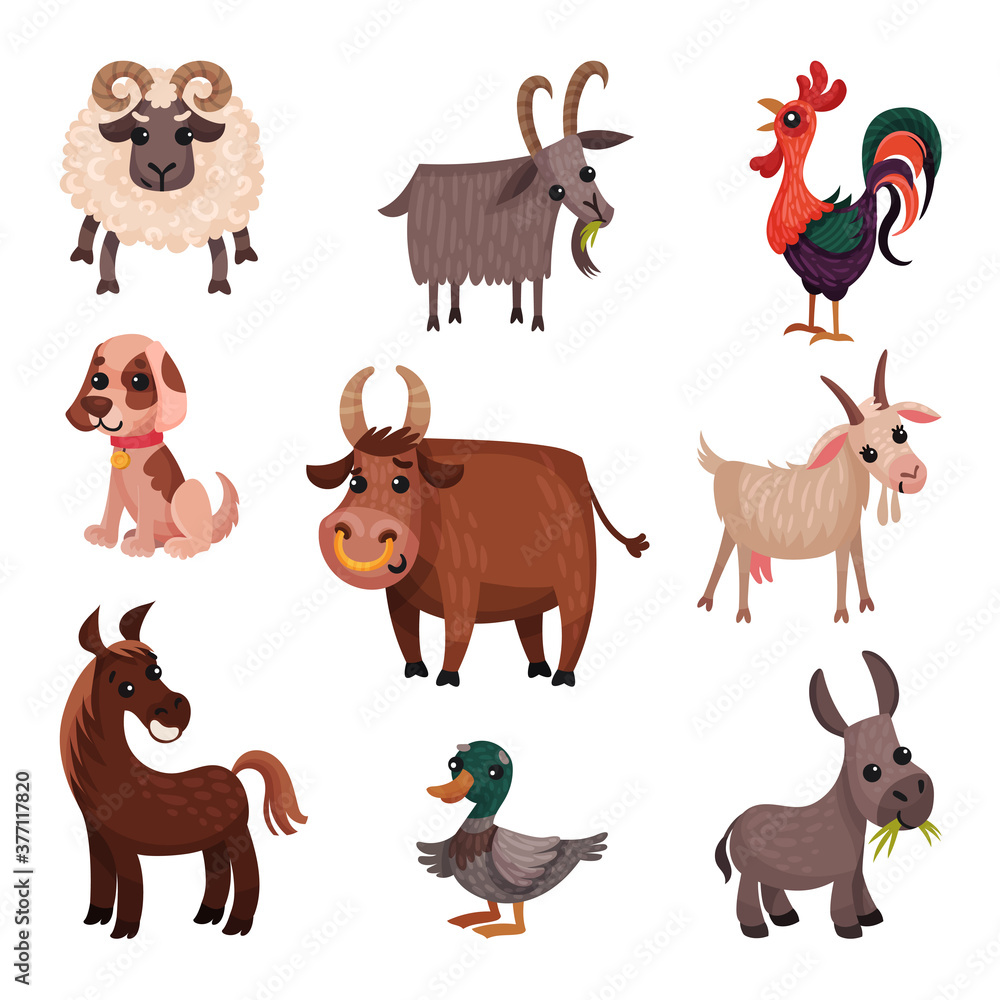 Farm Animals with Horned Bull and Goat Vector Set Farm Animals with Horned Bull and Goat Vector Set