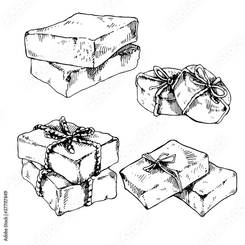 Set of hand drawn vector illustration of hand made soap. Engraved collection for cosmetics, medicine, treating, aromatherapy, package design healthcare.
