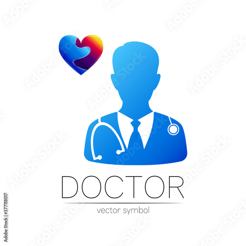 Doctor cardiologist and heart vector logotype in blue, violet color. Silhouette medical man. Logo for clinic, hospital, cardiology, medicine and business. Concept isolated on white. Template for web