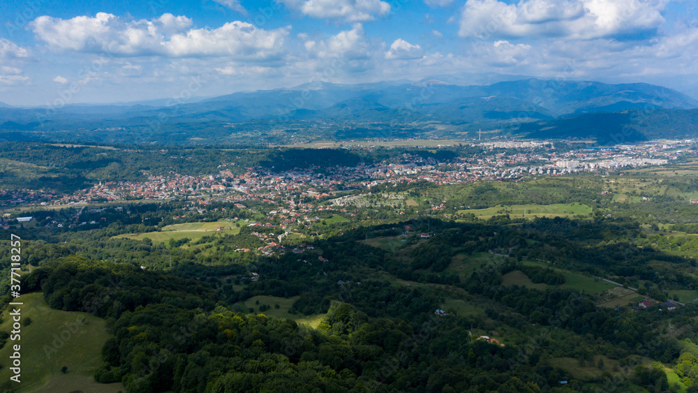 Panoramic view of Campulung Muscel and the surrounding areas, in Arges county, Romania