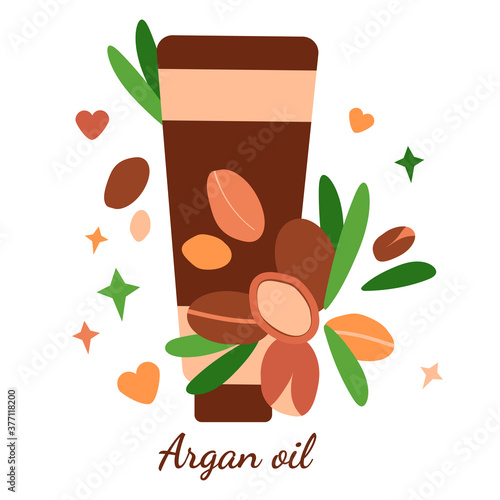 illustration with tube of argan oil. argan berries with leaves. modern abstract design for background, packaging paper, cover, fabric, card, cosmetics and oil