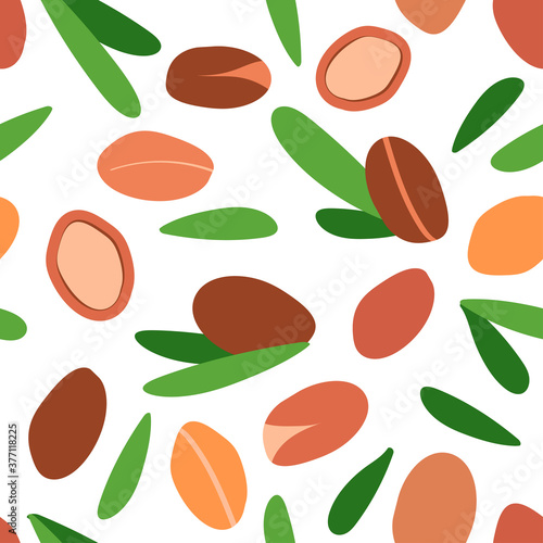 seamless pattern with argan oil. argan berries with leaves. modern abstract design for background, packaging paper, cover, fabric, card, cosmetics and oil