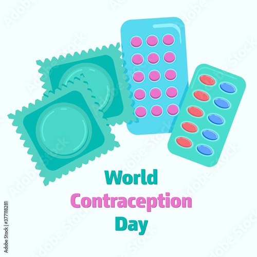 Condoms and birth controll pills in blister packs.Prevention HIV/AIDS and many venereal diseases.Safe sex concept.World сontraception Day poster or card. Online medical consultation.Awareness vector