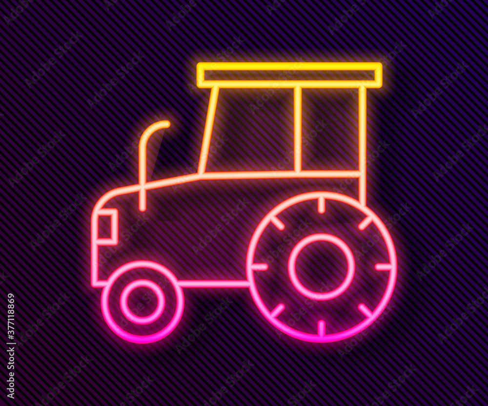 Glowing neon line Tractor icon isolated on black background. Vector.