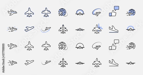 Set of Plane vector line icon. It contains symbols to aircraft  globe and more. Editable Stroke. 32x32 pixels.