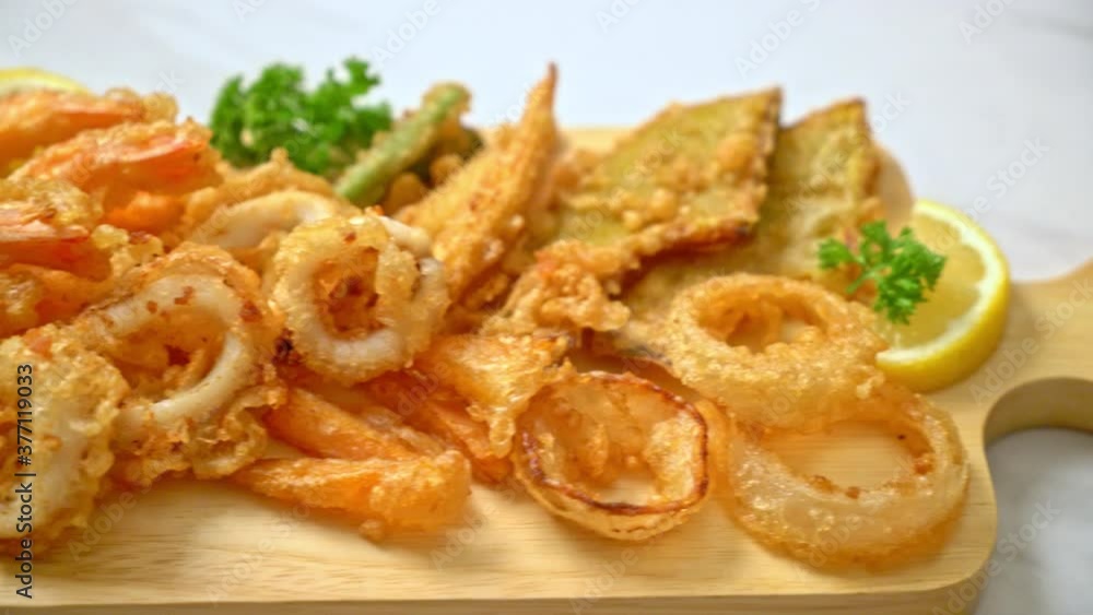 deep fried seafood (shrimps and squid) with mix vegetable deep fried seafood (shrimps and squid) with mix vegetable
