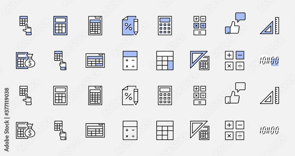 Set of Calculation Vector Line Icons. Contains such Icons as Calculator Icon, Pencil, Click, Money Bag, Percent symbol, Square and Ruler. Editable Stroke. 32x32 Pixel Perfect. Set of Calculation Vector Line Icons. Contains such Icons as Calculator Icon, Pencil, Click, Money Bag, Percent symbol, Square and Ruler. Editable Stroke. 32x32 Pixel Perfect.