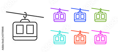 Black line Cable car icon isolated on white background. Funicular sign. Set icons colorful. Vector.
