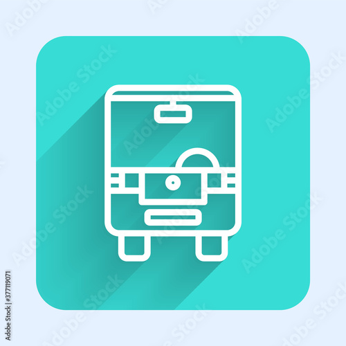 Free Download White line Bus icon isolated with long shadow. Transportation concept. Bus tour transport sign. Tourism or public vehicle symbol. Green square button. Vector. - GFXLoad