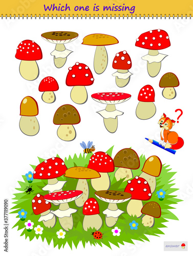 Logic puzzle game for children and adults. Which one of the mushrooms is missing in the meadow? Printable page for kids brain teaser book. Developing spatial thinking skills. IQ test. Play online.