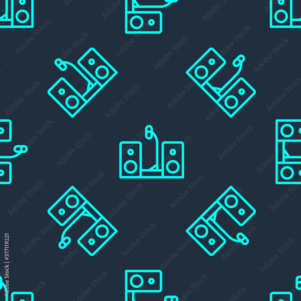 Green line Home stereo with two speaker s icon isolated seamless pattern on blue background. Music system. Vector. Green line Home stereo with two speaker s icon isolated seamless pattern on blue background. Music system. Vector.