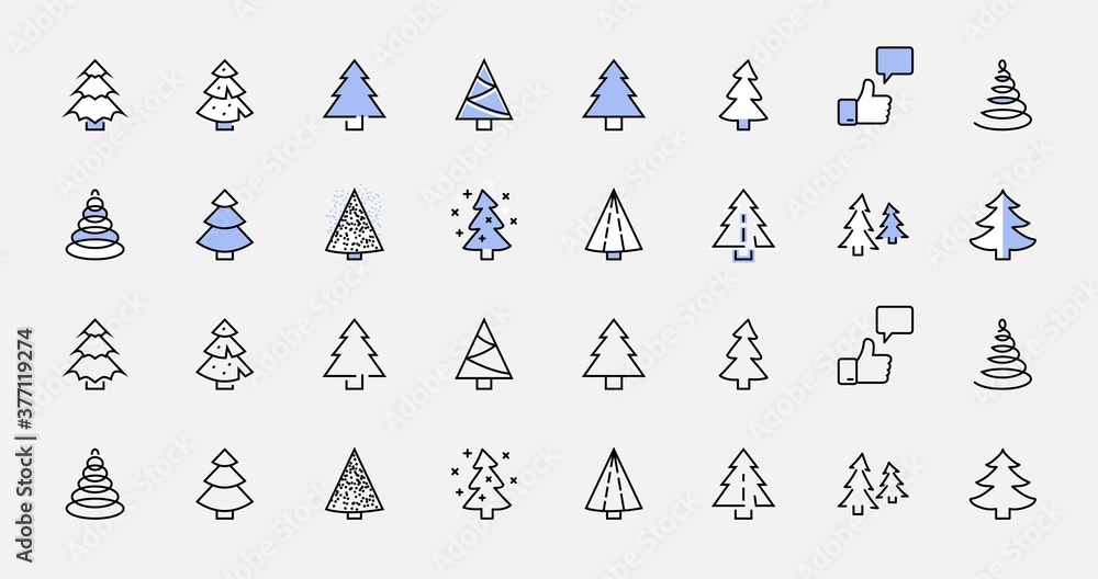 Christmas Tree thin line icon set. Stylized linear icons of artificial snow, spruce, present box fir. Editable Stroke. 32x32 Pixel Perfect
