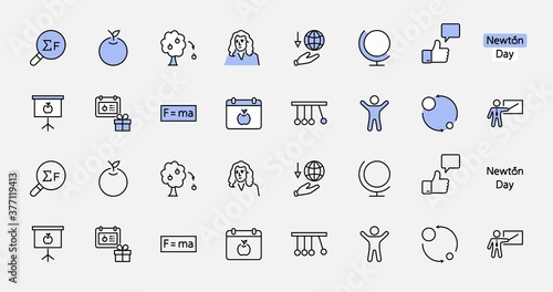 Newton's Day Set Line Vector Icon. Contains such Icons as Newton, Laws of physics and gravity, Flying Apple, Calendar, Teacher, blackboard and projector Editable Stroke. 32x32 Pixel Perfect