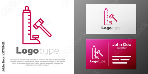 Logotype line High striker attraction with big hammer icon isolated on white background. Attraction for measuring strength. Amusement park. Logo design template element. Vector.
