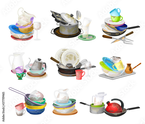 Piles of Dirty Dishes and Utensils with Plates and Cups Vector Set