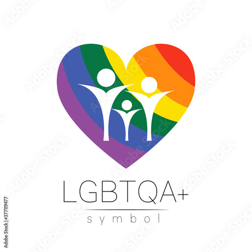Vector LGBTQA family symbol. Pride flag background. Icon for gay, lesbian, bisexual, transsexual, queer and allies person. Can be use for sign activism, psychology or counseling. LGBT on white.