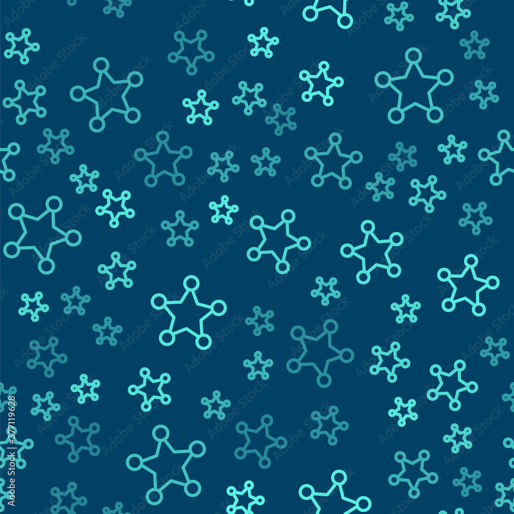 Green line Hexagram sheriff icon isolated seamless pattern on blue background. Police badge icon. Vector. Green line Hexagram sheriff icon isolated seamless pattern on blue background. Police badge icon. Vector.