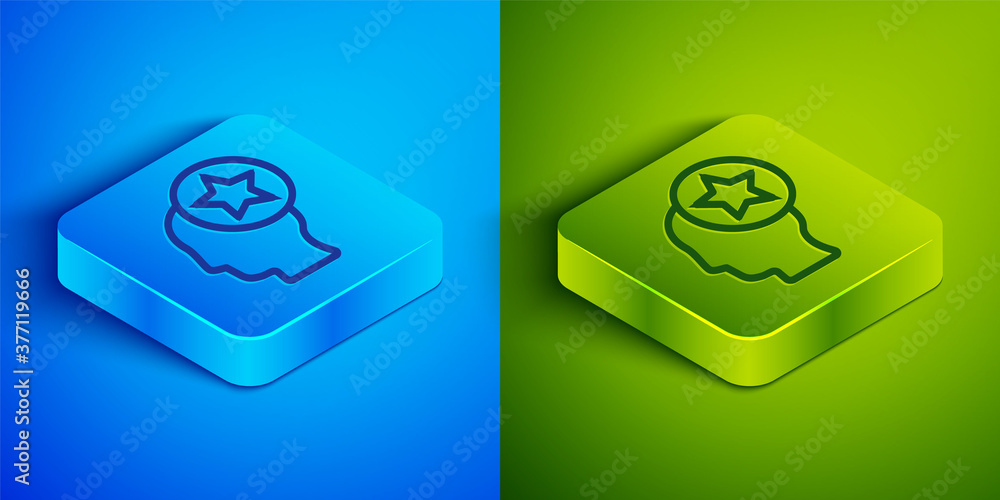 Isometric line USA Head icon isolated on blue and green background. United States of America. Independence day. Square button. Vector. Isometric line USA Head icon isolated on blue and green background. United States of America. Independence day. Square button. Vector.
