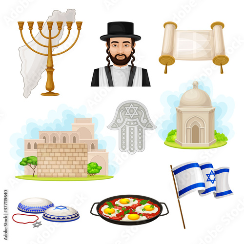 Israeli or Jewish Attributes with Shakshuka Dish and Torah Scroll Vector Set