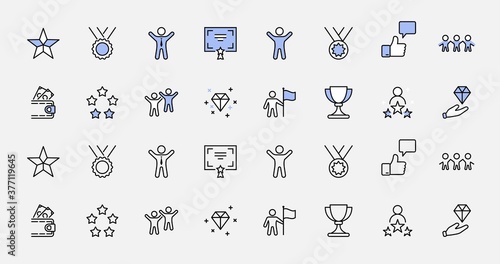 Set of Success Related Vector Line Icon. Contains such Icons as Cup, Ribbon, Star, Winner, Reward and more.Editable Stroke. 32x32 Pixel Perfect.