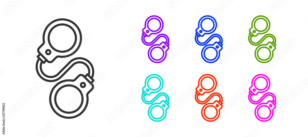 Black line Handcuffs icon isolated on white background. Set icons colorful. Vector. Black line Handcuffs icon isolated on white background. Set icons colorful. Vector.