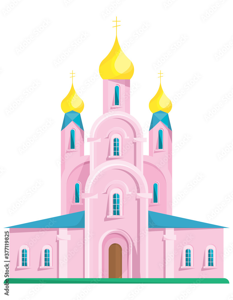 Light pink orthodox church. Object of architecture in cartoon style.