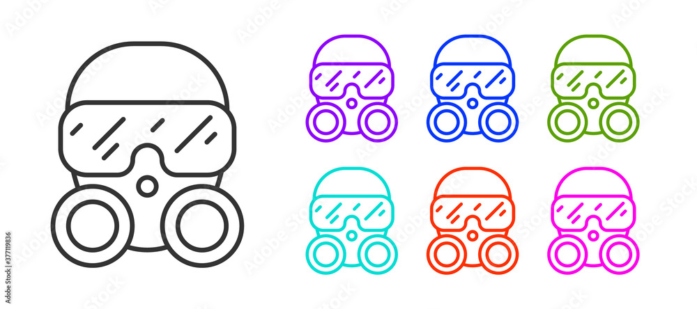 Black line Gas mask icon isolated on white background. Respirator sign. Set icons colorful. Vector. Black line Gas mask icon isolated on white background. Respirator sign. Set icons colorful. Vector.