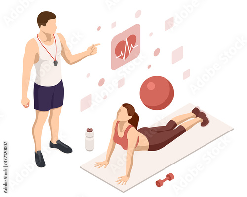 Isometric Woman doing fitness and yoga exercises. Online fitness and training concept.