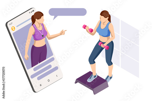 Isometric Woman doing fitness and yoga exercises. Online fitness and training concept.