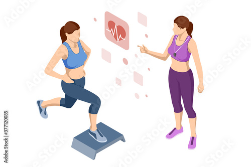 Isometric Woman doing fitness and yoga exercises. Online fitness and training concept.