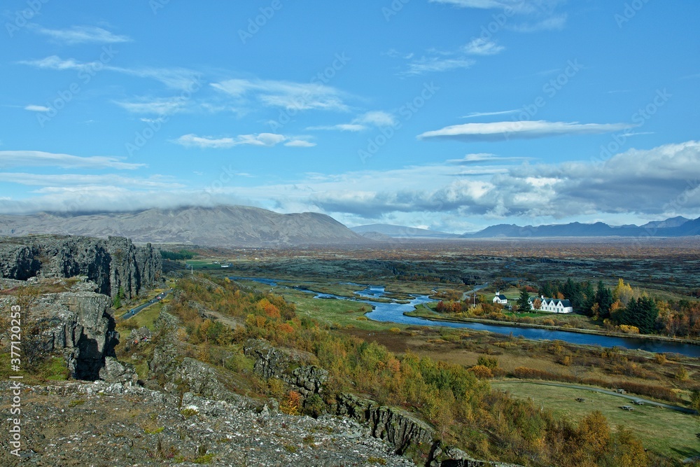 Iceland-view of Thingvellir church and houses next to church