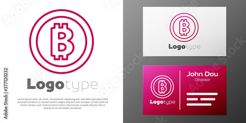 Logotype line Cryptocurrency coin Bitcoin icon isolated on white background. Physical bit coin. Blockchain based secure crypto currency. Logo design template element. Vector.